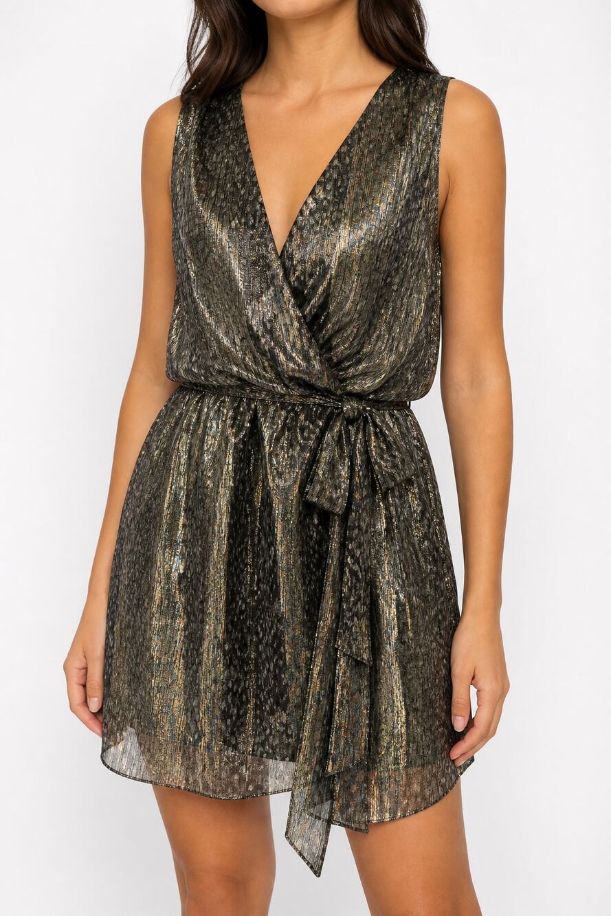 Ramy Brook Women's Silver & Gold Metallic Silk Faux Wrap Blouson Mini Dress Med